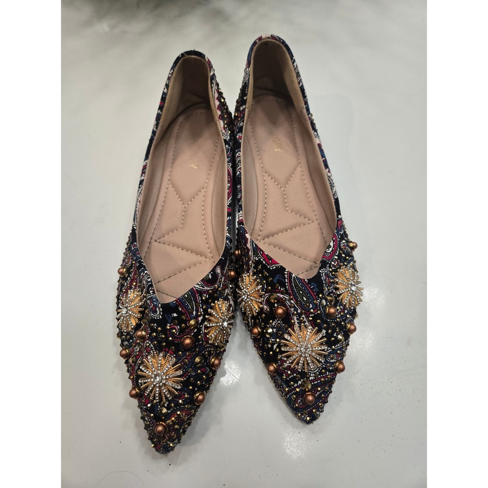 Paisley Beaded Pointed Toe Ballet Flats Red Bottom Sunburst Studded Shoes 7.5 - Picture 2 of 4